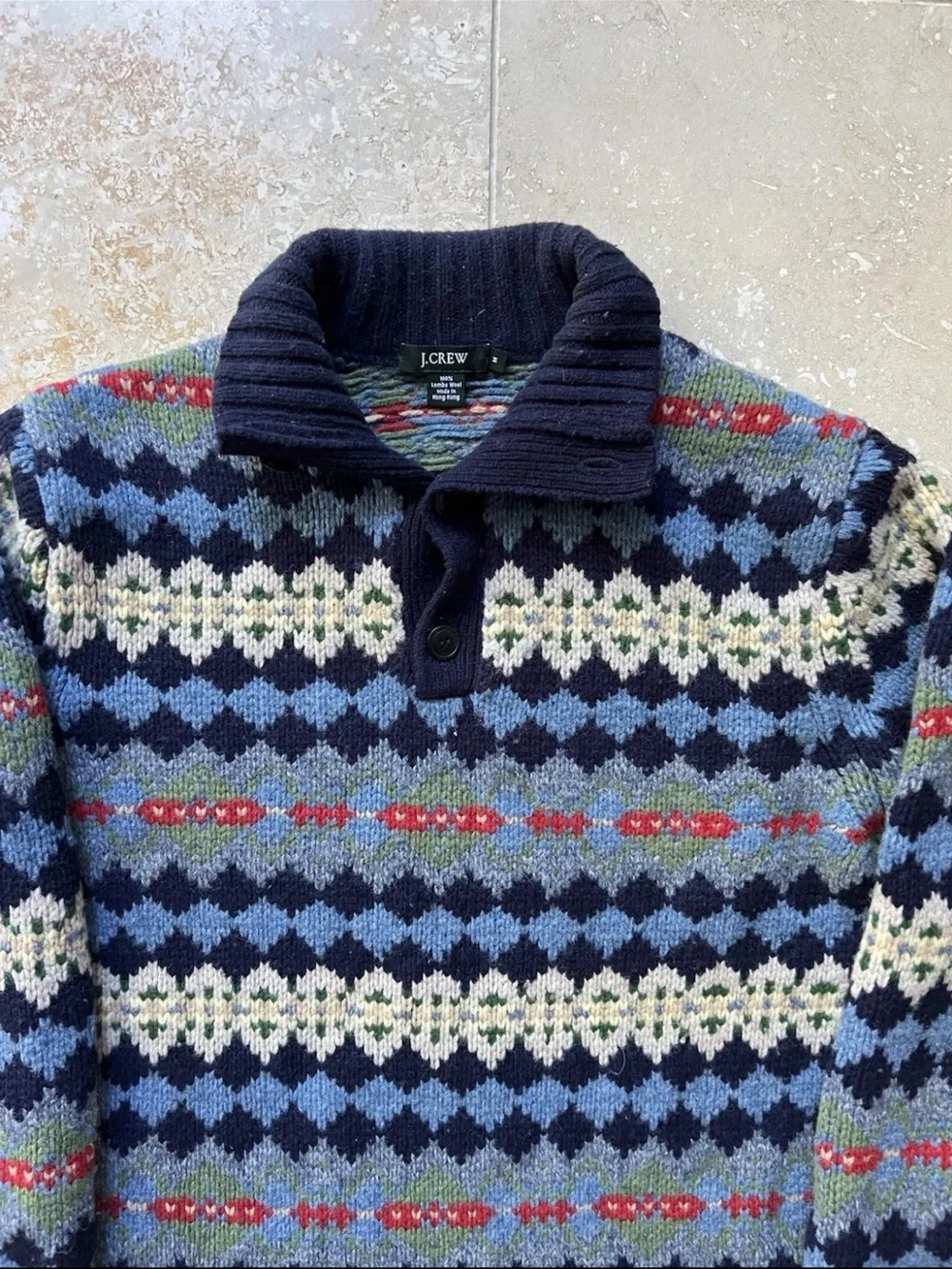 VTG J Crew Fair Isle Multi-color Henley Pullover Lambswool Sweater Size Medium